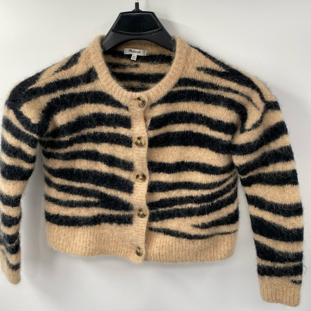 Zebra Stripe Fuzzy Button-Up Cardigan - Black & Beige